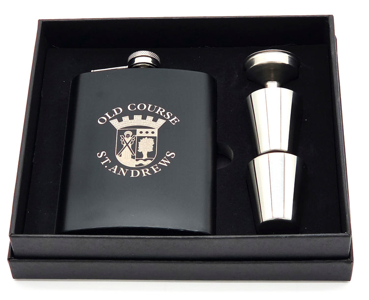 Old Course St.Andrews Crested 8oz Stainless Steel Hip Flask Set