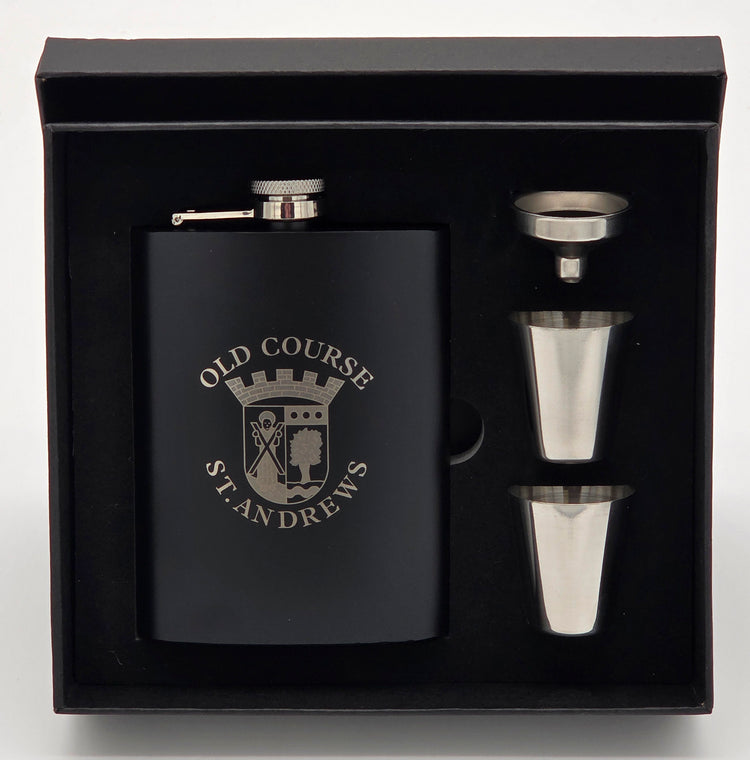 Old Course St.Andrews Crested 8oz Stainless Steel Hip Flask Set