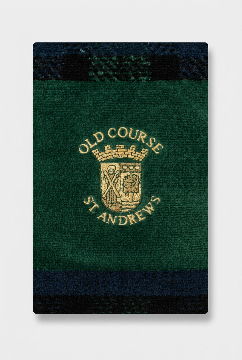 Close-up of the crest on the green tartan velour towel