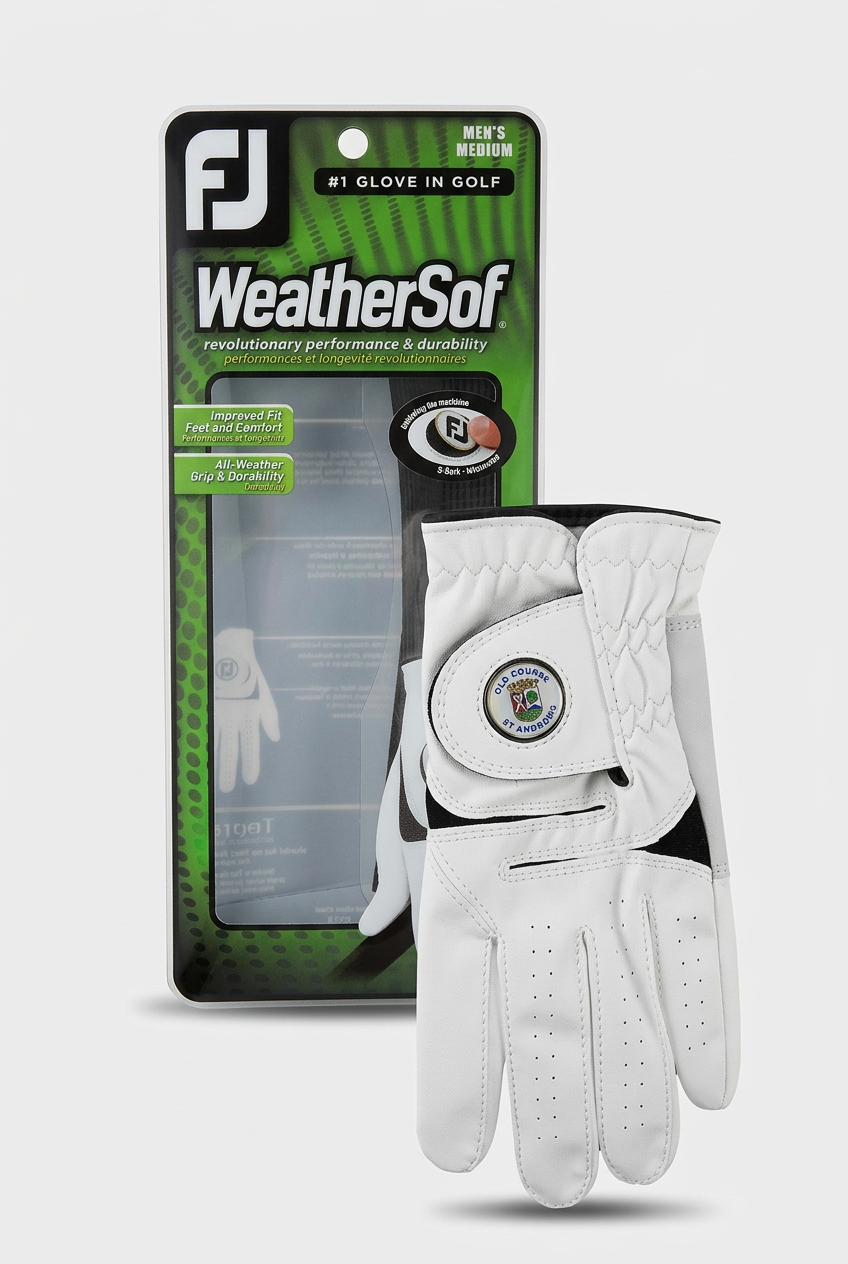 FootJoy WeatherSof golf glove with packaging, second angle