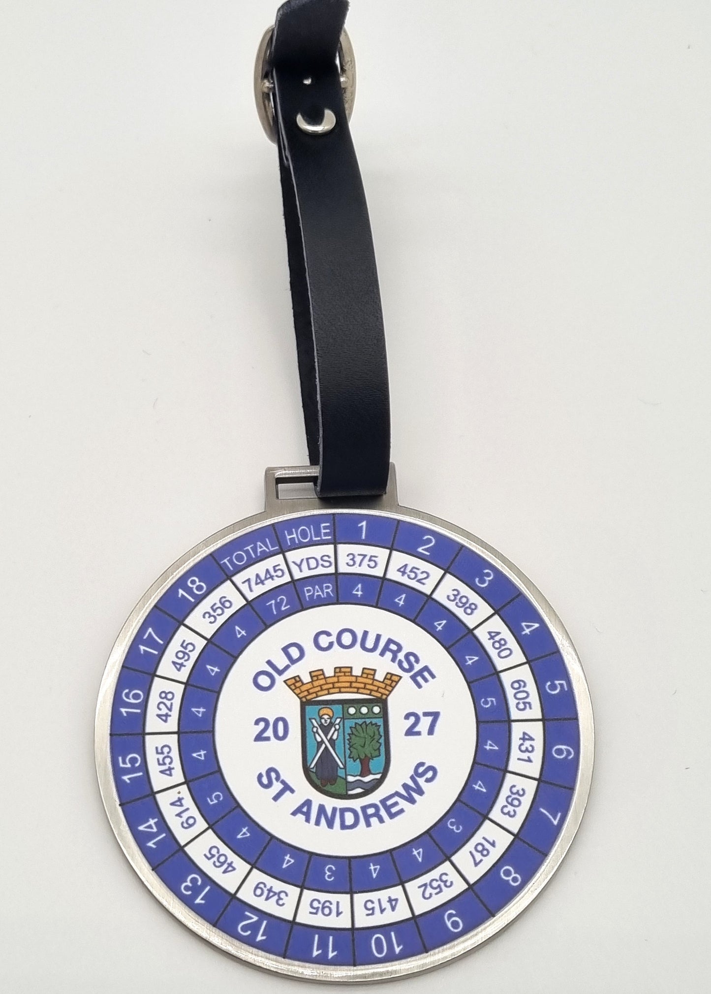 Metal Golf Bag Tag With Old Course St.Andrews 2027 Championship Hole Yardages.