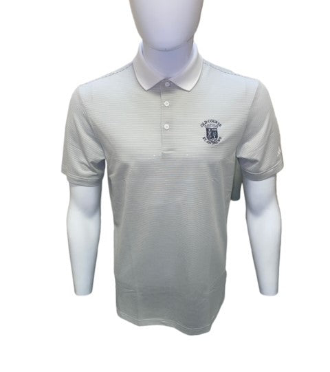 New -Adidas Old Course St.Andrews Crested Ottoman Men`s Stripe Golf Polo Shirts.